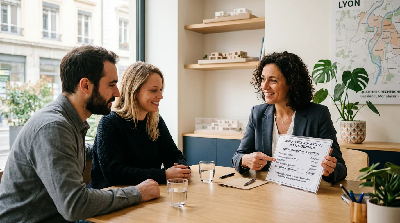 Conseiller immobilier présentant une grille tarifaire claire à un couple en agence