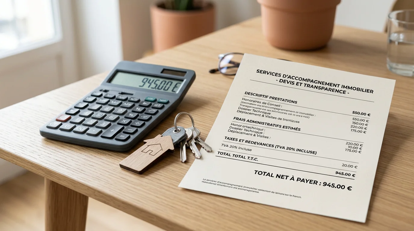 Calculatrice et document de calcul des honoraires d'agence posés sur un bureau