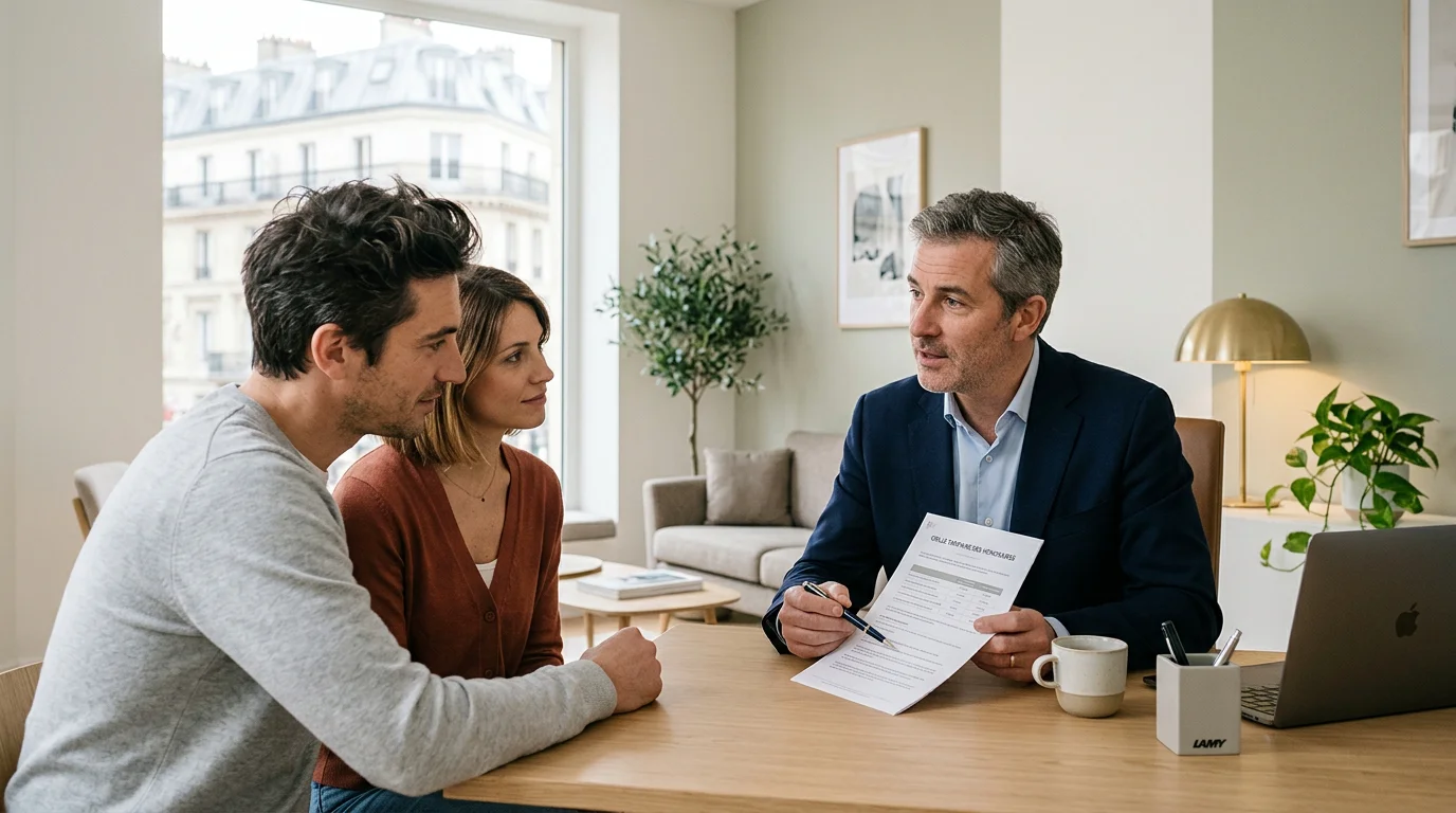 Conseiller immobilier expliquant le barème des honoraires à un couple de vendeurs