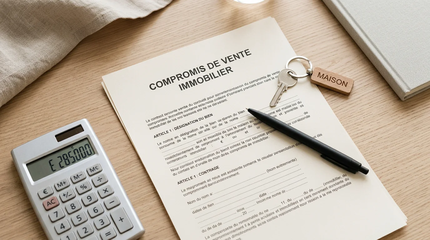 Mandat de vente, calculatrice et clé symbolisant le calcul des frais d'agence