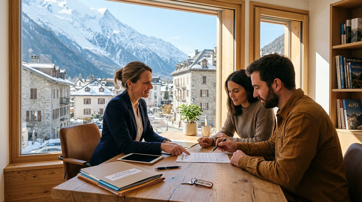 Conseiller immobilier local accompagnant un couple lors d'un rendez-vous d'estimation