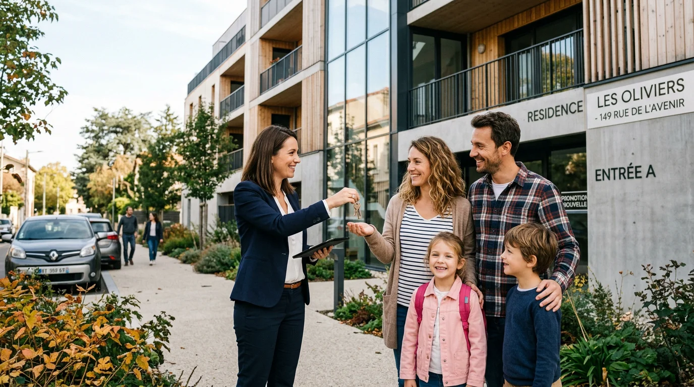 Remise des clés d'un appartement à une famille par un conseiller immobilier