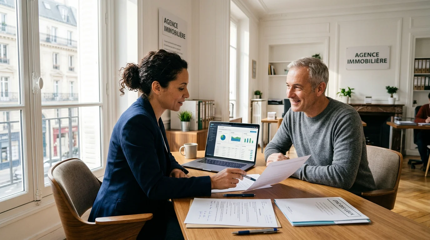 Gestionnaire et propriétaire examinant un mandat de gestion locative