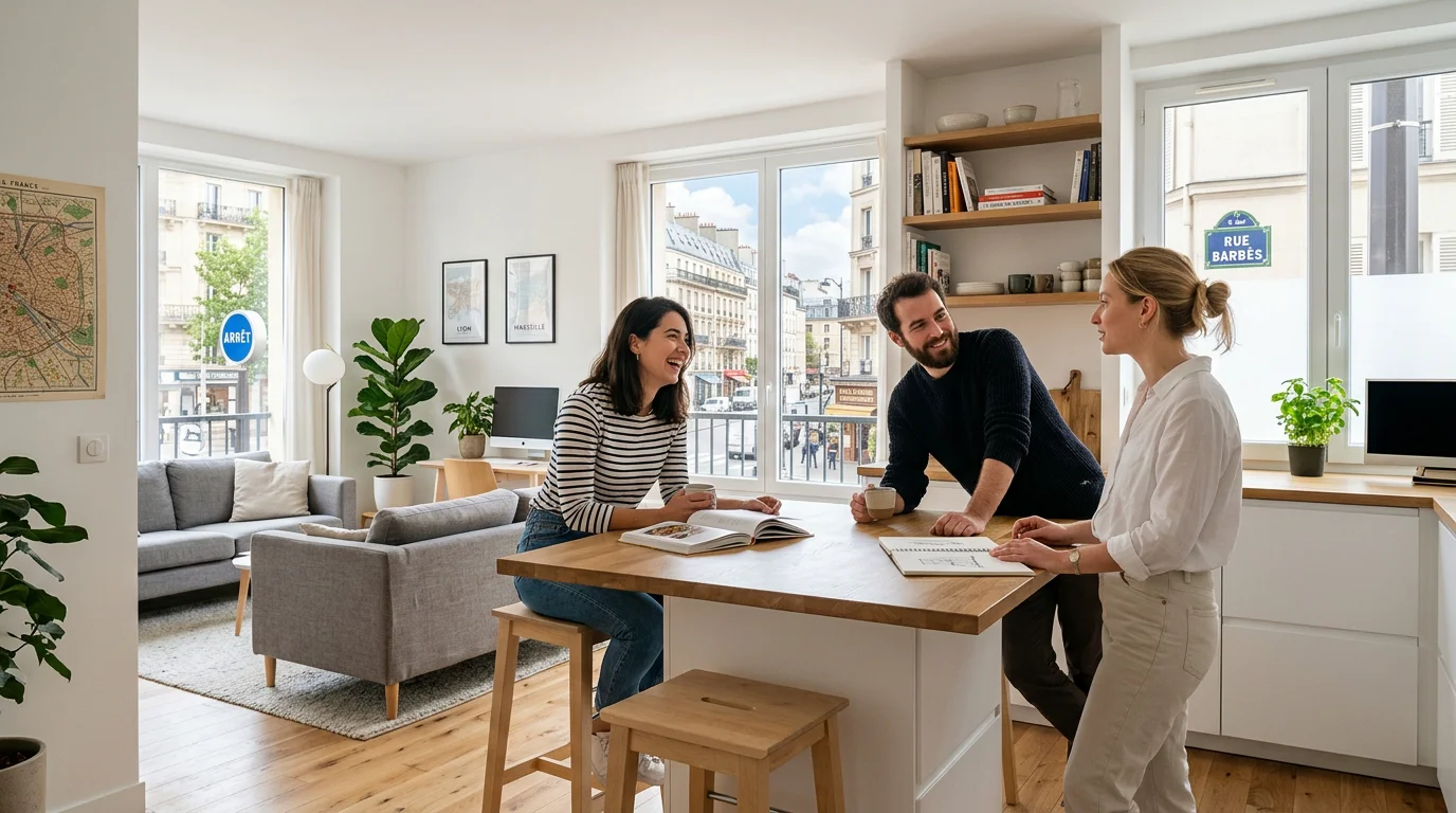 Colocataires jeunes actifs dans le salon lumineux d'une colocation meublée à Annemasse