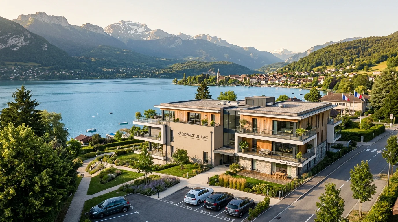 Immeuble résidentiel moderne en Haute-Savoie avec montagnes alpines en arrière-plan