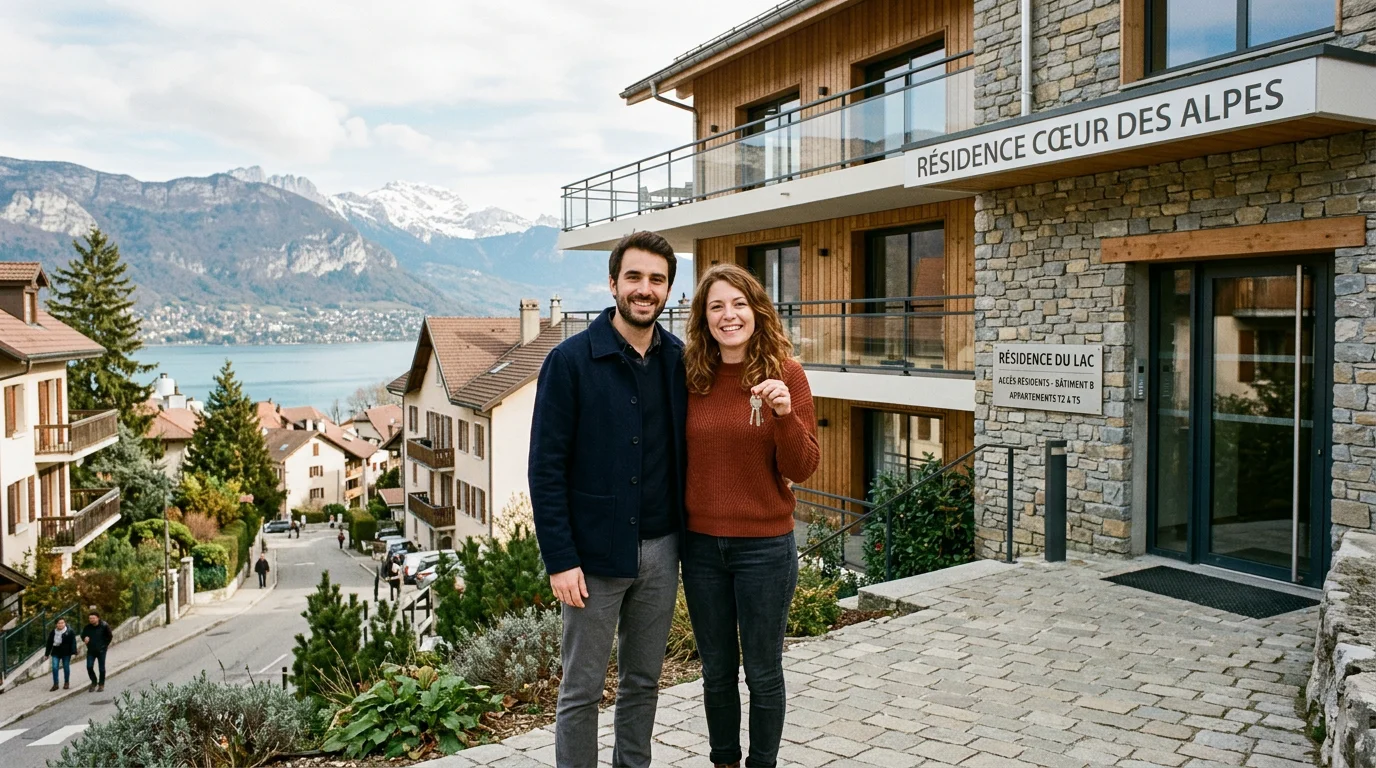 Jeune couple primo-accédant devant un immeuble neuf en Haute-Savoie