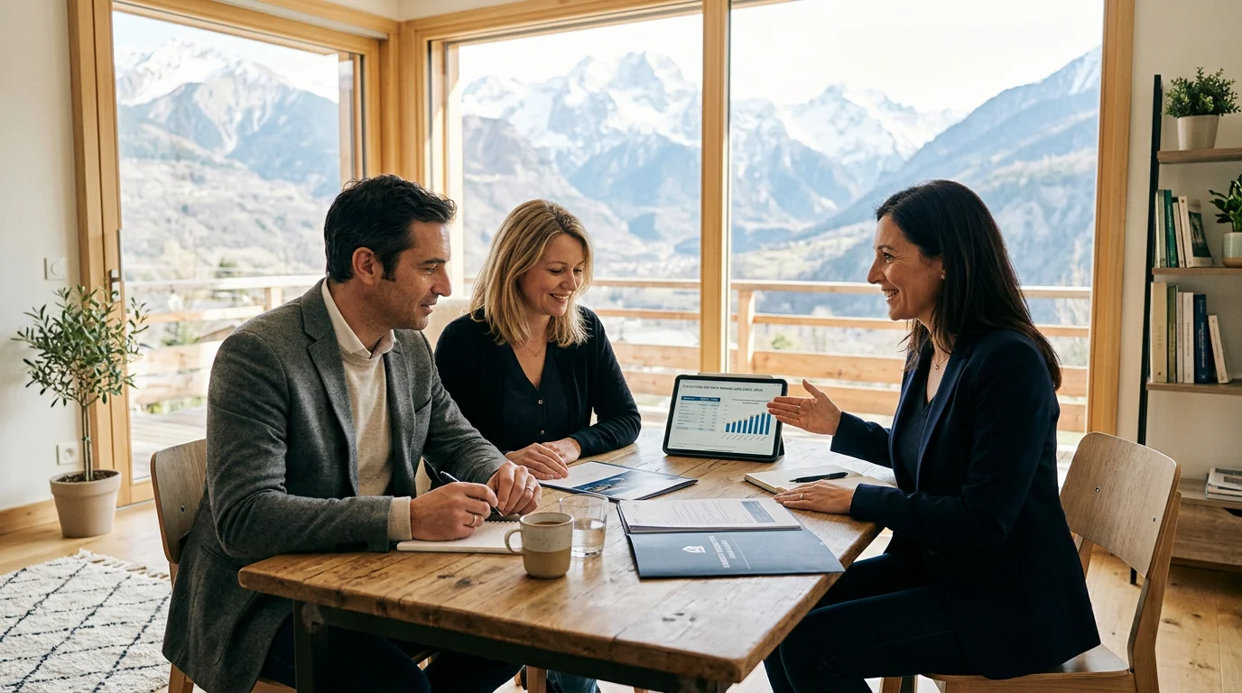 Conseiller immobilier présentant une estimation à un couple de vendeurs