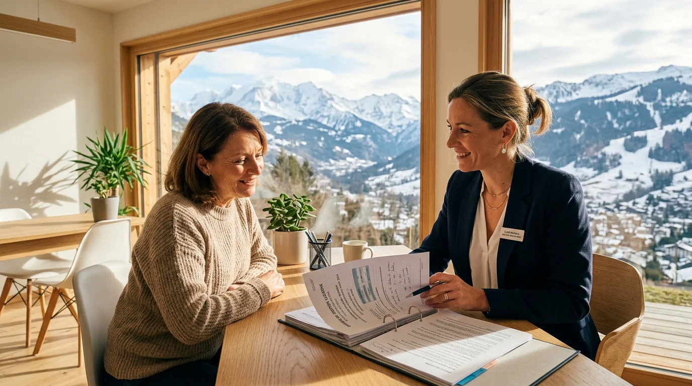 Gestionnaire immobilier examinant un dossier de location avec un propriétaire en Savoie