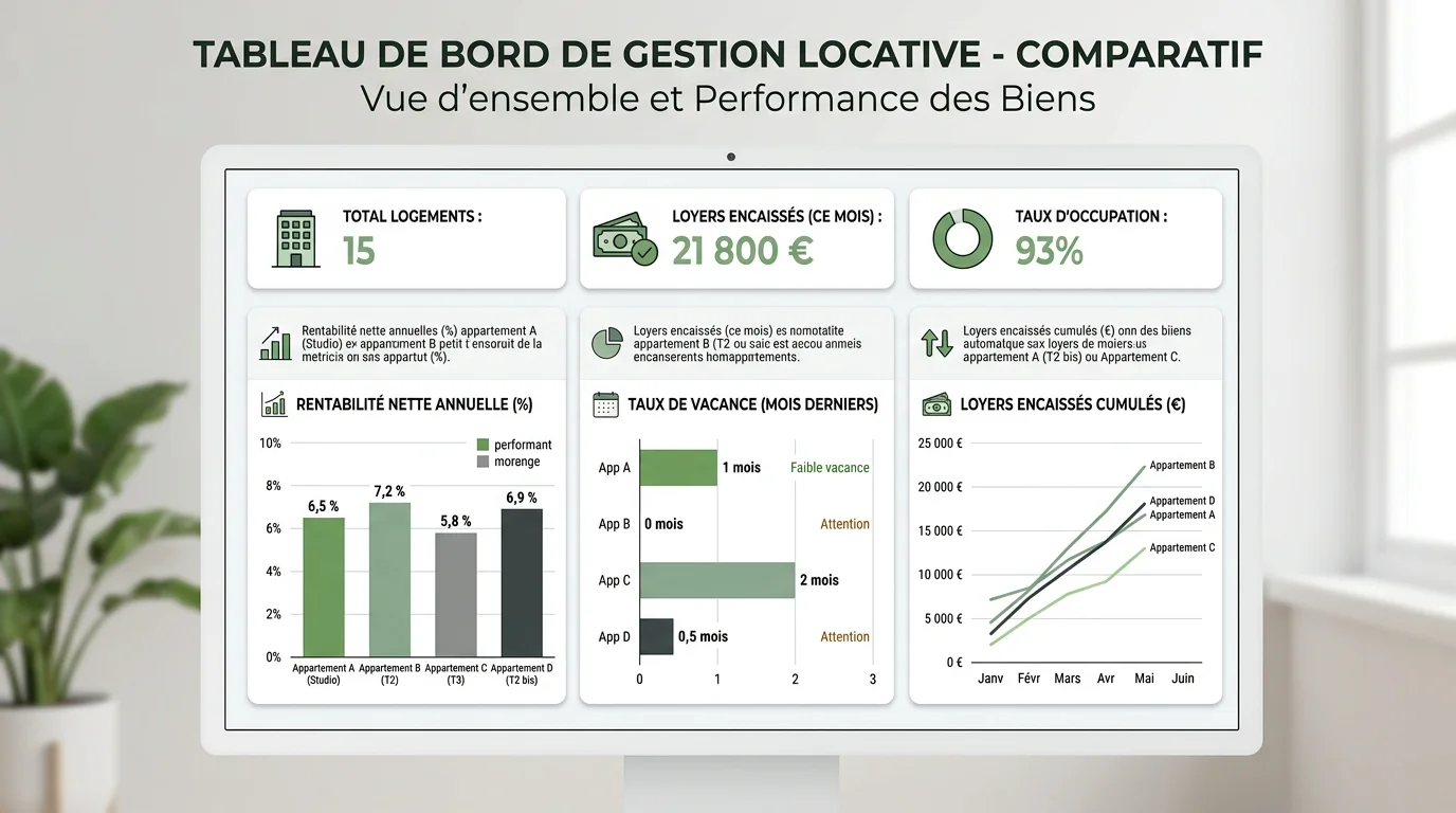 Tableau de bord comparant la performance de plusieurs biens locatifs