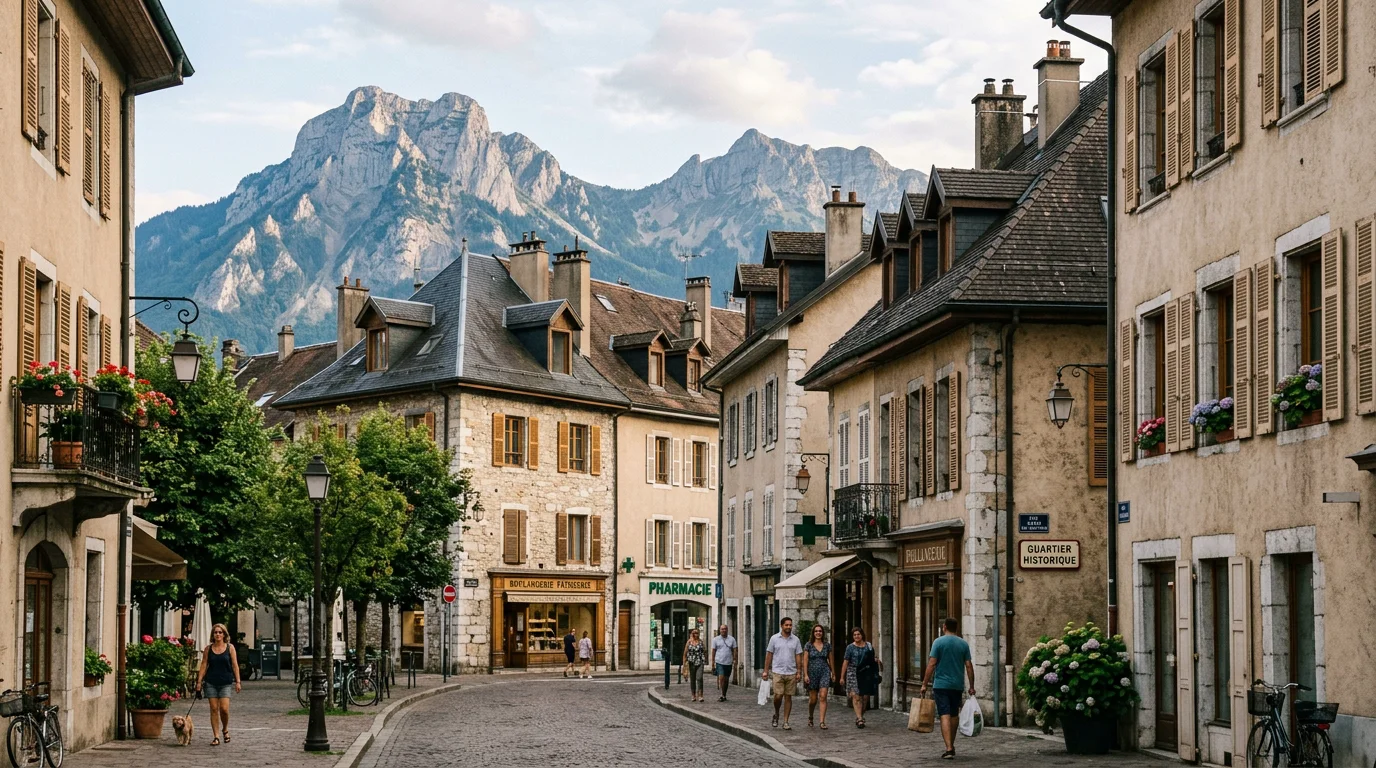 Quartier résidentiel de Chambéry avec immeubles anciens et montagnes en arrière-plan