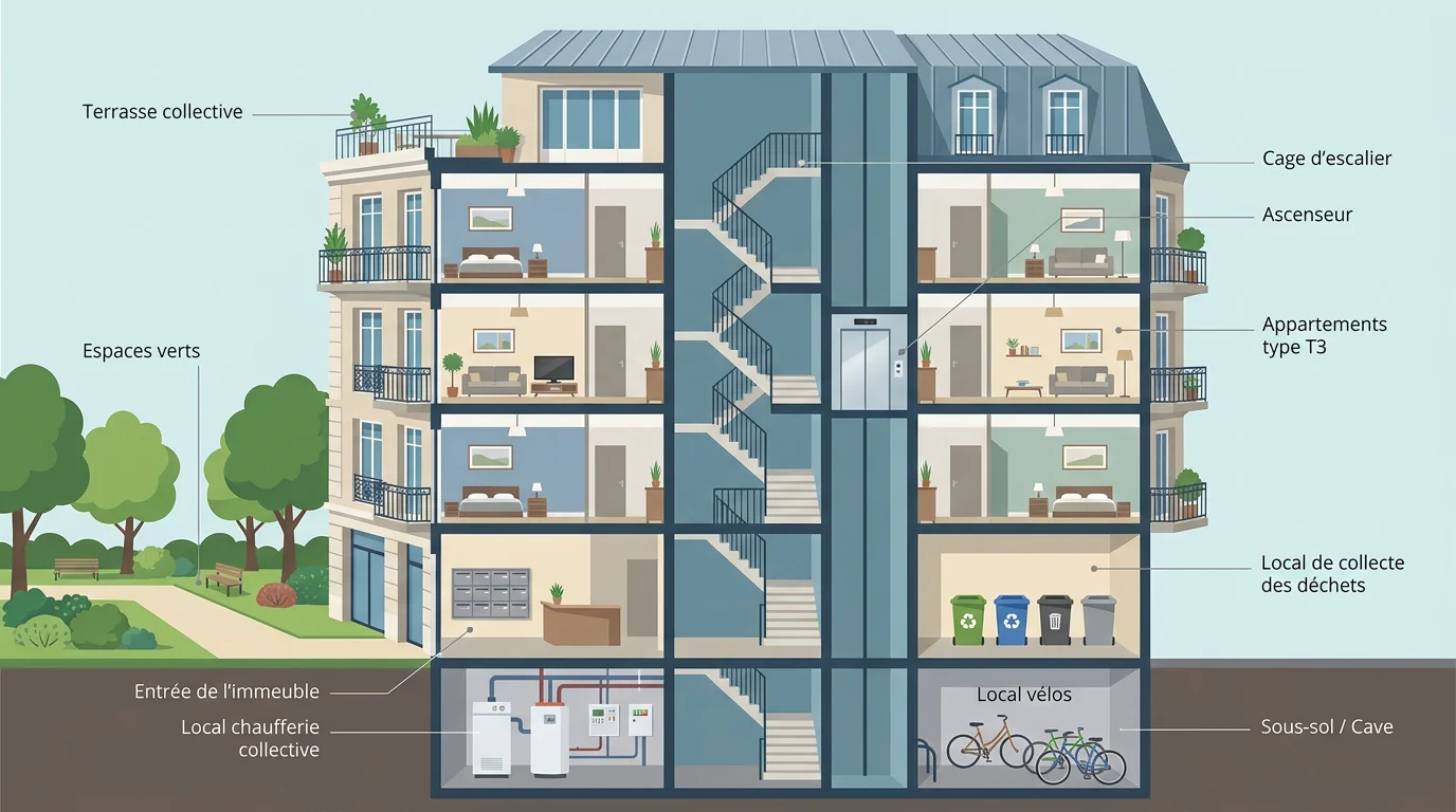 Illustration en coupe d'un immeuble français avec les parties communes générant des charges récupérables