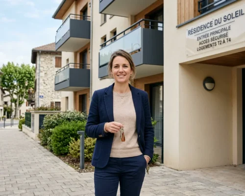 Propriétaire bailleur devant son immeuble locatif couvert par une assurance