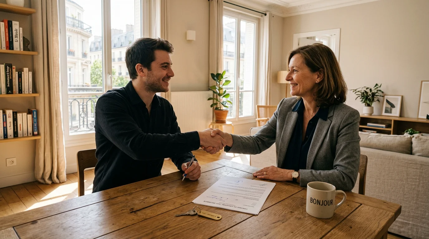 Propriétaire et locataire signant un contrat de bail dans un salon lumineux