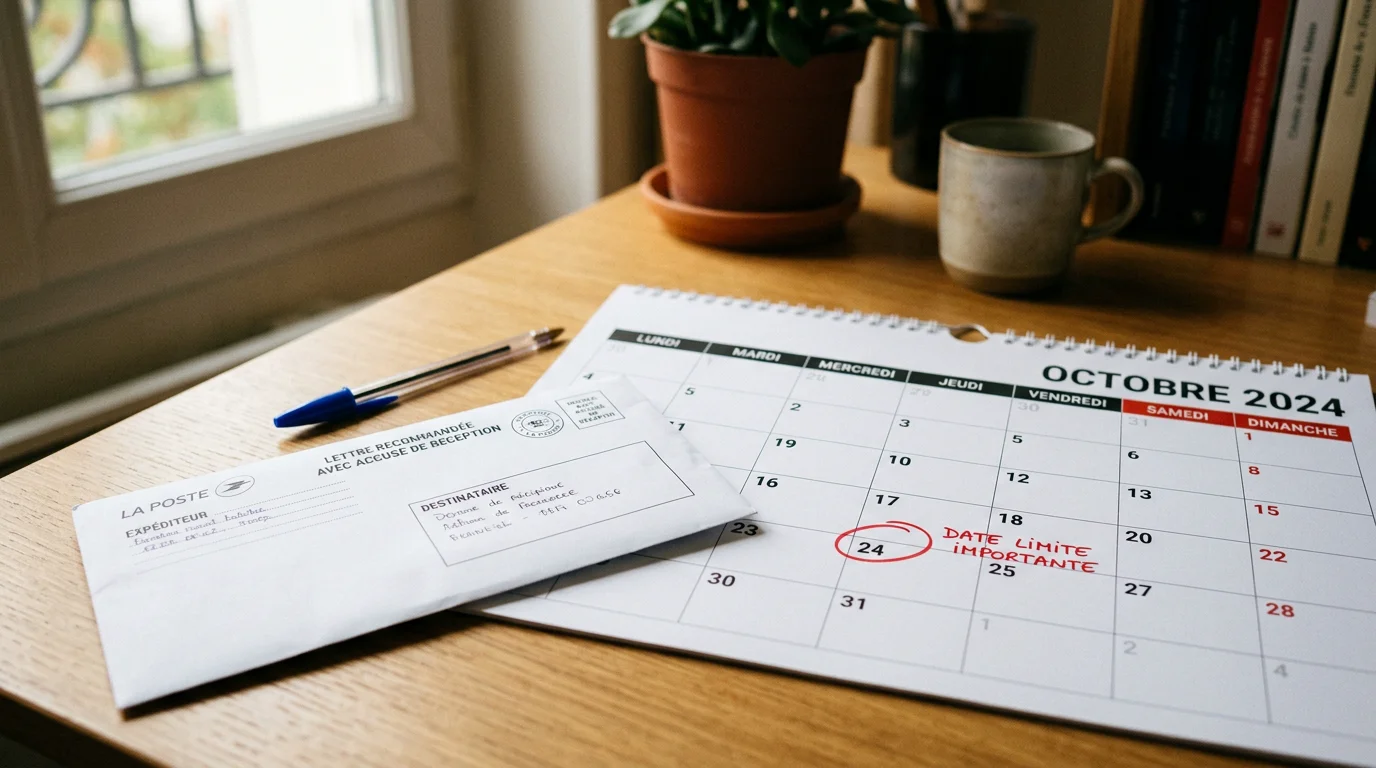 Calendrier avec une date d'échéance de mandat entourée à côté d'une lettre recommandée