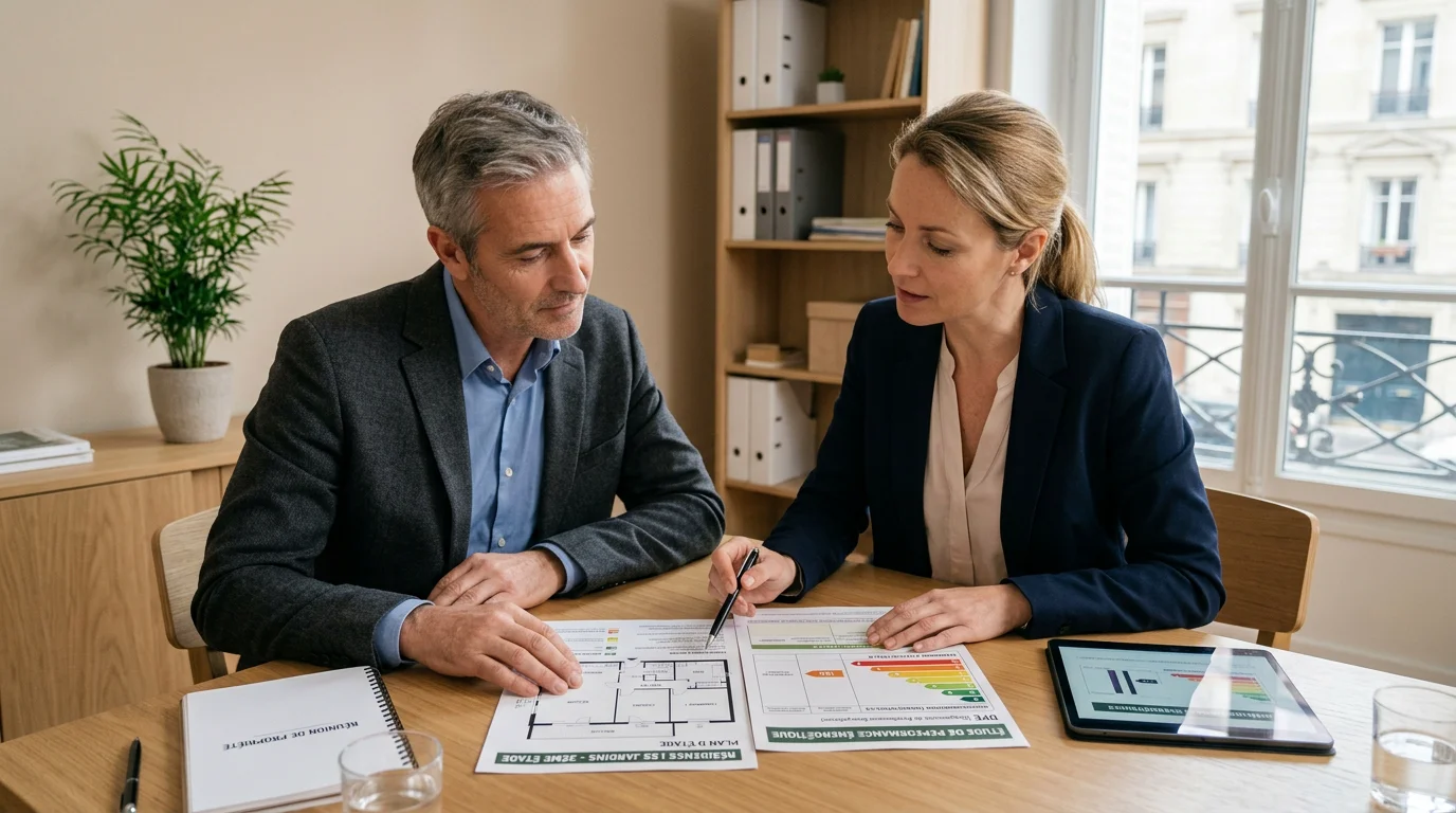 Propriétaire et gestionnaire analysant un diagnostic énergétique et un plan
