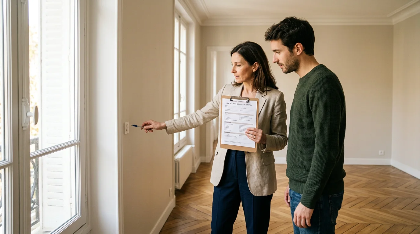 Un propriétaire et un locataire réalisant l'état des lieux d'entrée d'un appartement vide