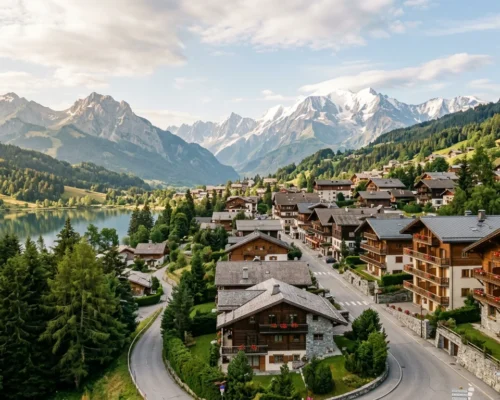 Vue d'une ville savoyarde avec résidences à louer près des montagnes et d'un lac