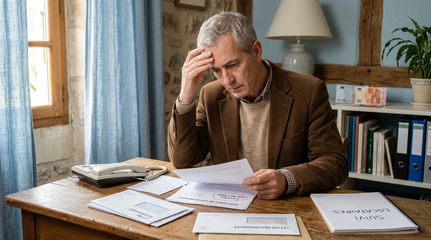 Propriétaire bailleur examinant des courriers de loyers impayés à son bureau