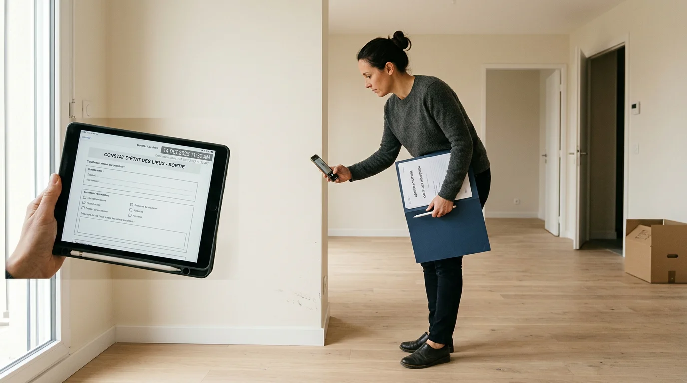 Propriétaire documentant l'état des lieux de sortie d'un logement avec une tablette