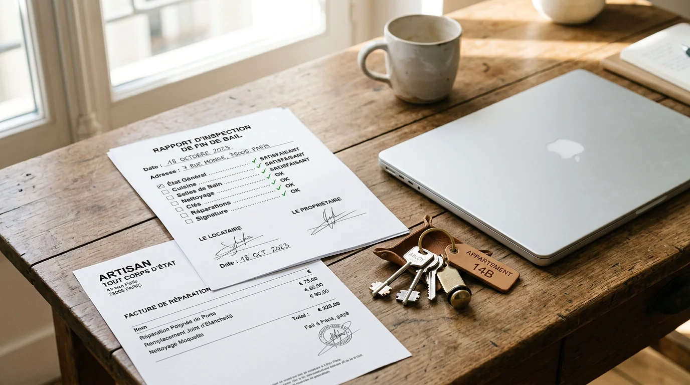 Clés, état des lieux signé et factures de réparation posés sur un bureau