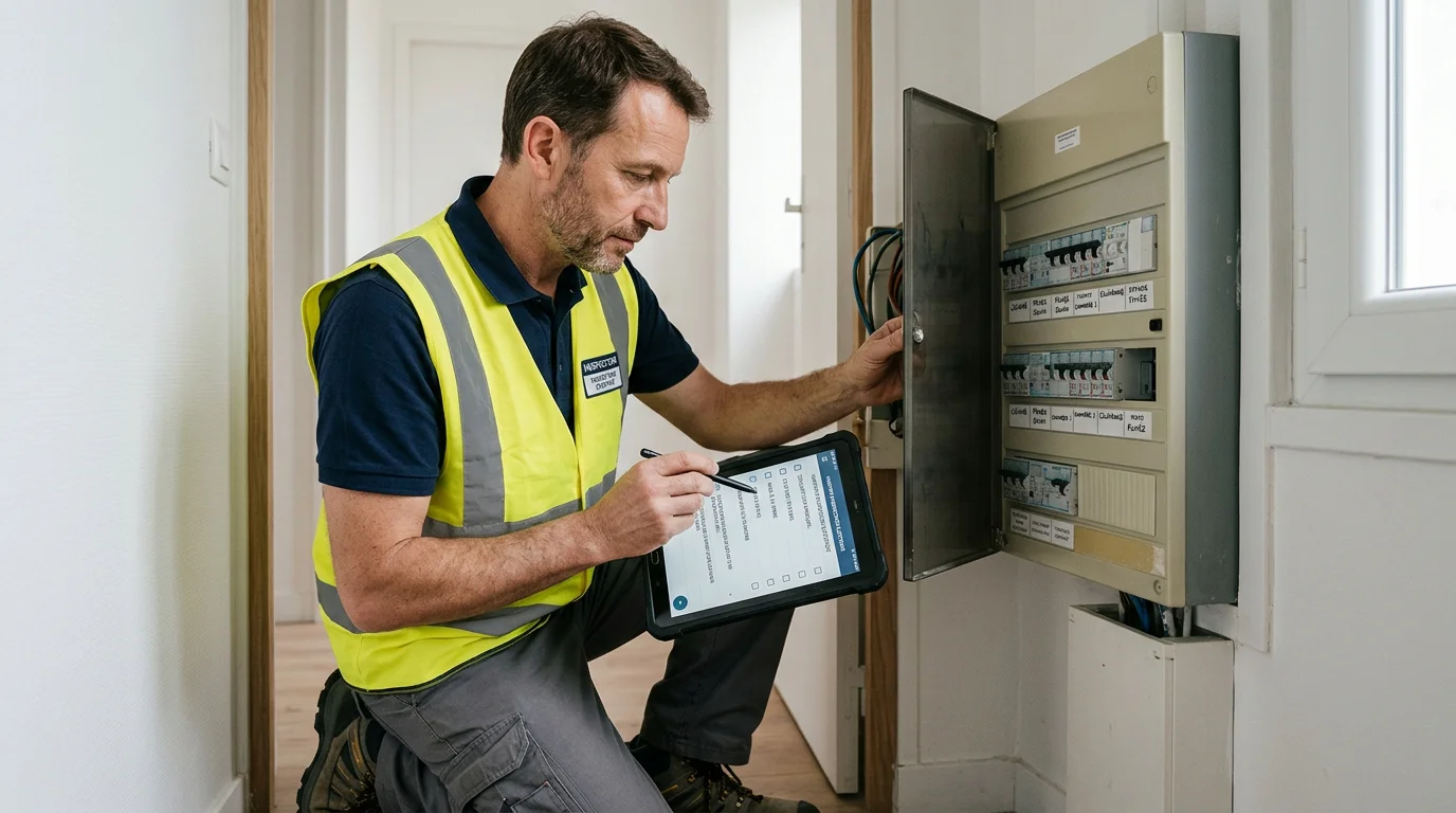 Diagnostiqueur immobilier certifié contrôlant une installation électrique