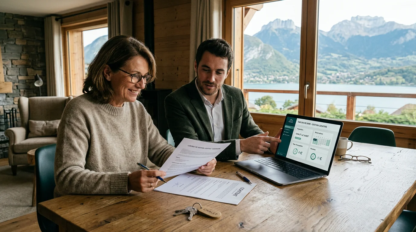 Propriétaire et conseiller examinant un mandat de gestion locative en Savoie