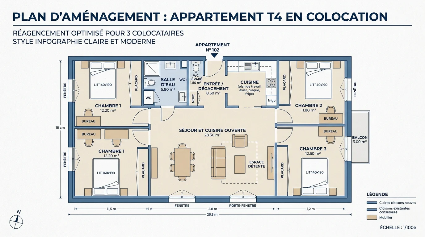 Plan d'un T4 réaménagé en colocation avec trois chambres
