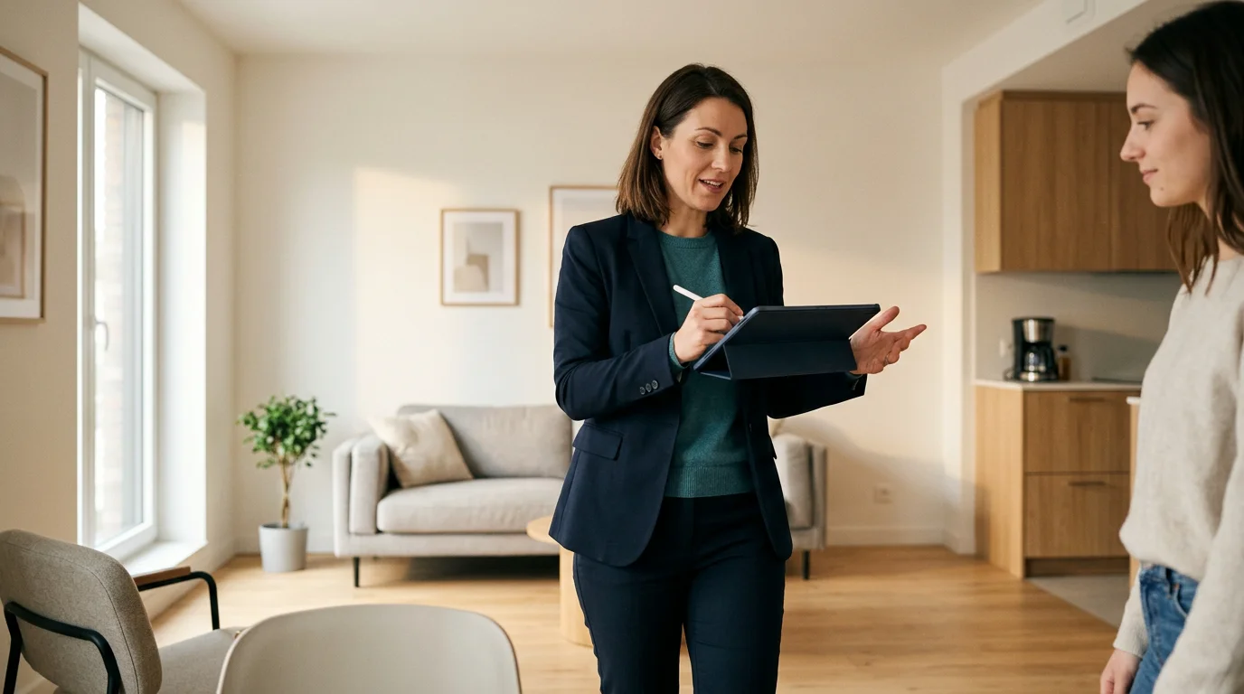 Gestionnaire immobilier réalisant un état des lieux dans un appartement en France