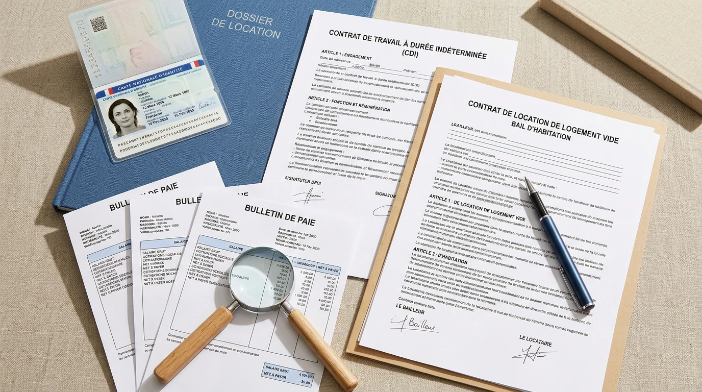 Pièces d'un dossier locatif frontalier disposées sur un bureau