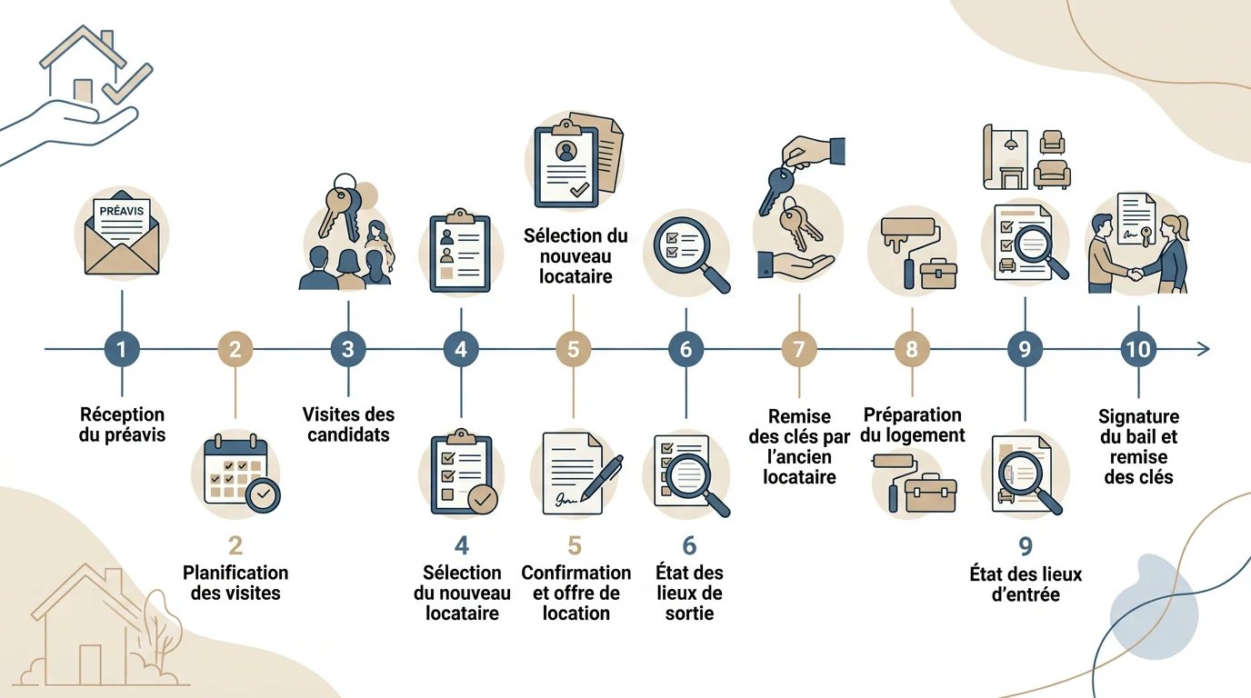 Frise chronologique des dix étapes pour relouer un logement après un départ