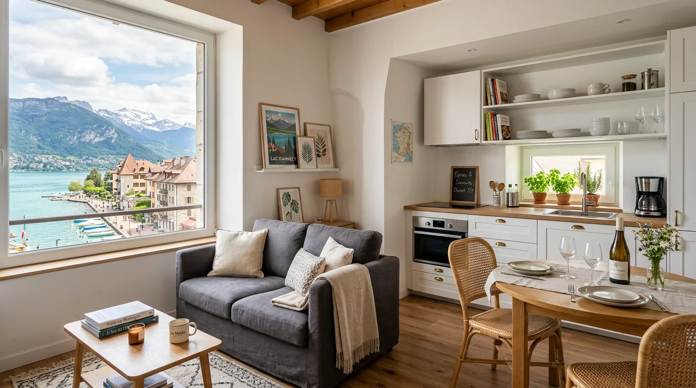 Intérieur d'un appartement meublé lumineux prêt à louer à Annecy
