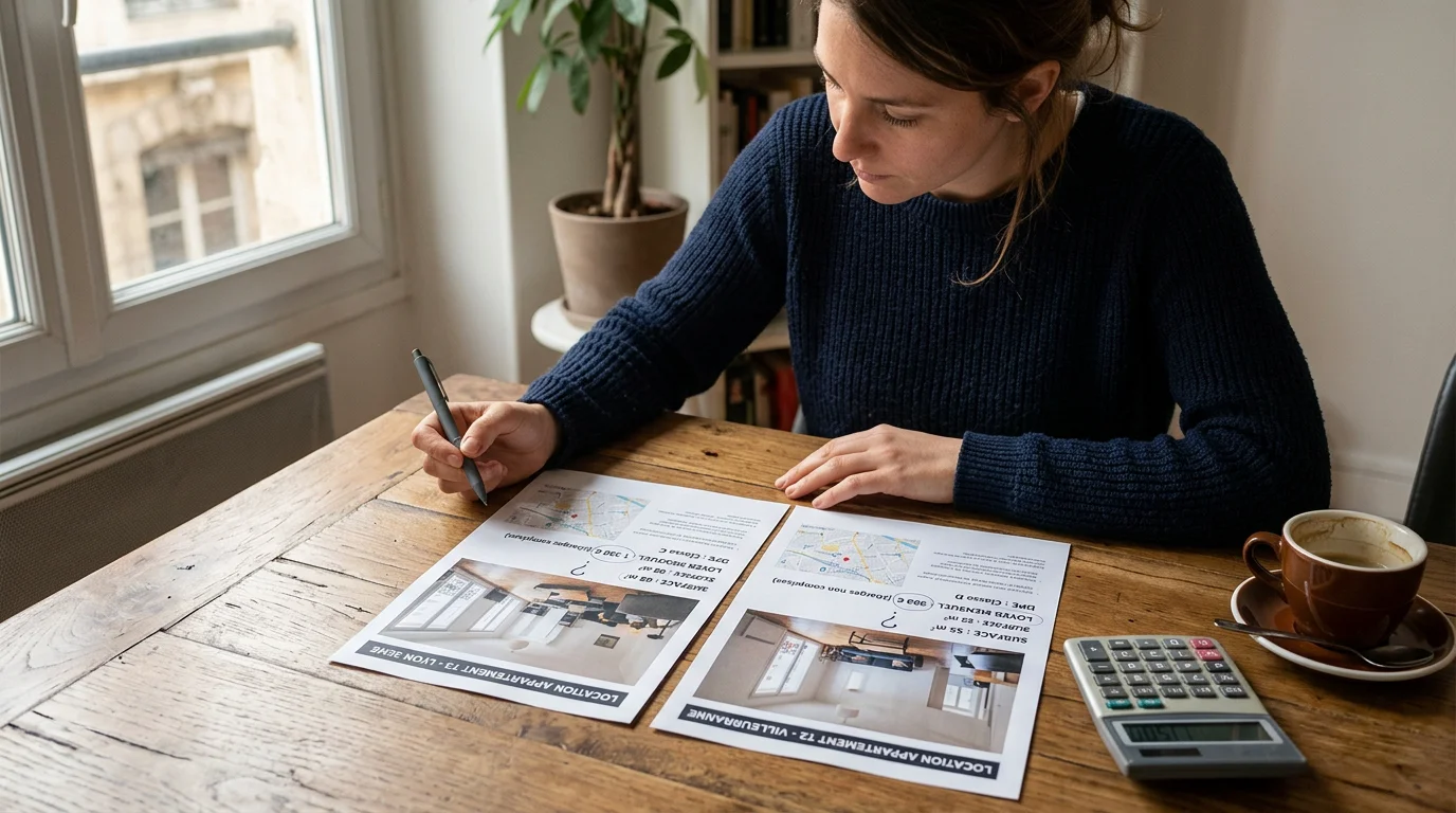 Propriétaire comparant deux annonces de location sur un bureau