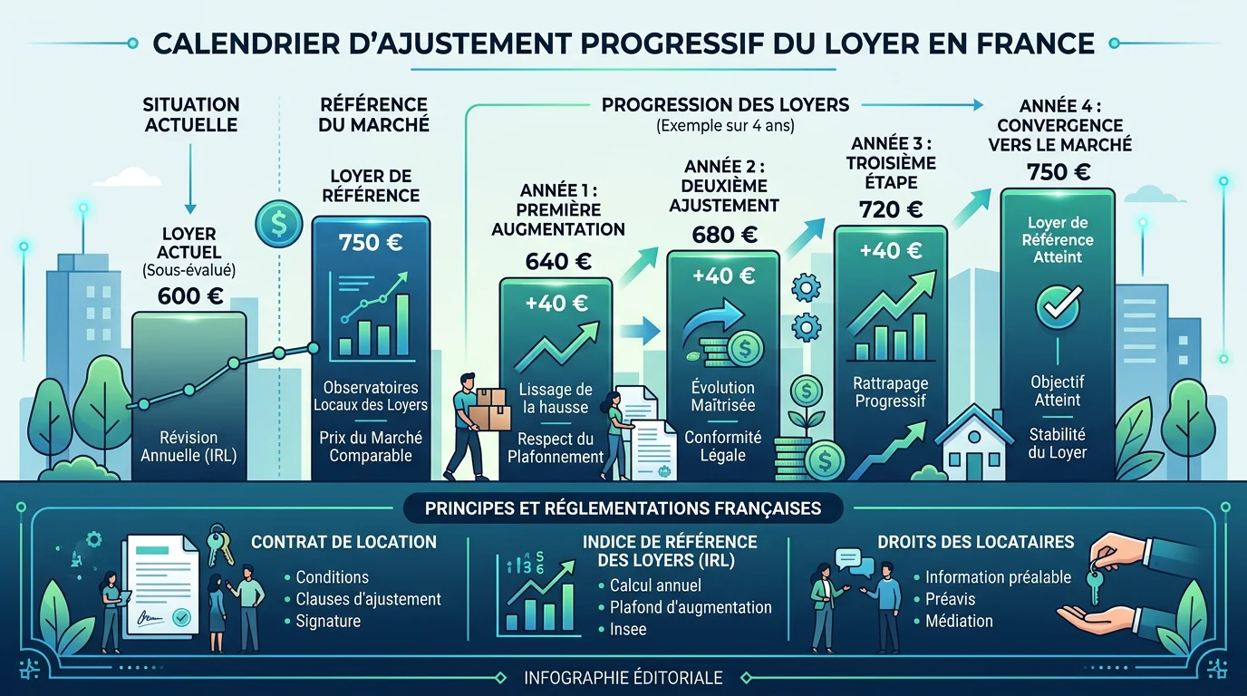 Schéma de la hausse progressive d'un loyer réévalué au renouvellement