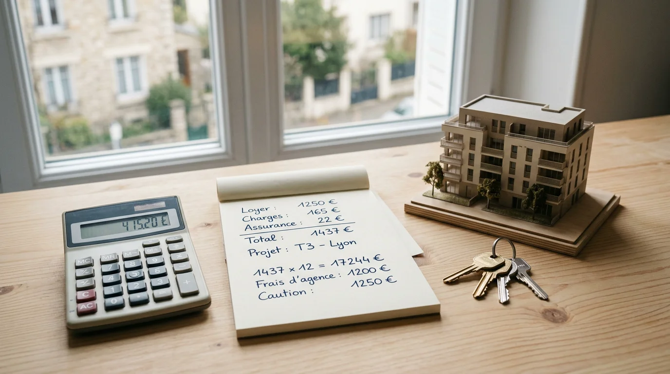 Bureau avec calculatrice et notes pour estimer le rendement locatif d'un appartement