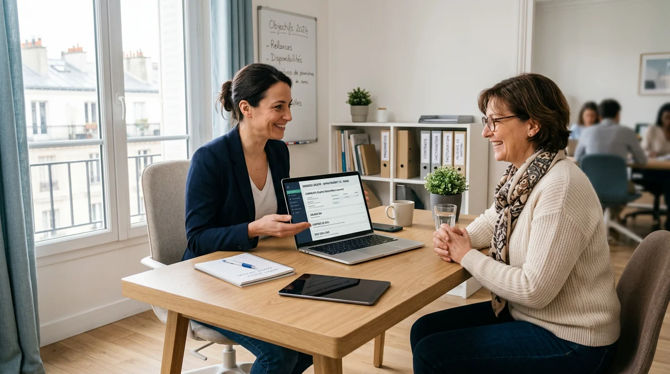 Conseiller en gestion locative et propriétaire examinant un dossier de location
