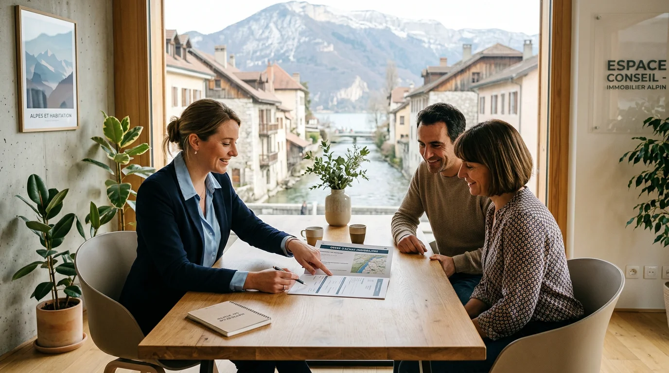 Conseiller immobilier présentant un dossier à un couple dans une agence
