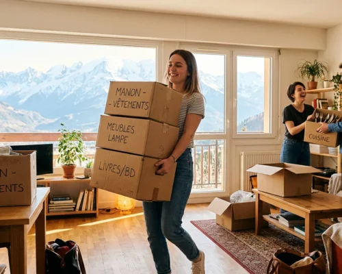 Étudiant emménageant dans une colocation à Grenoble avec vue sur les montagnes