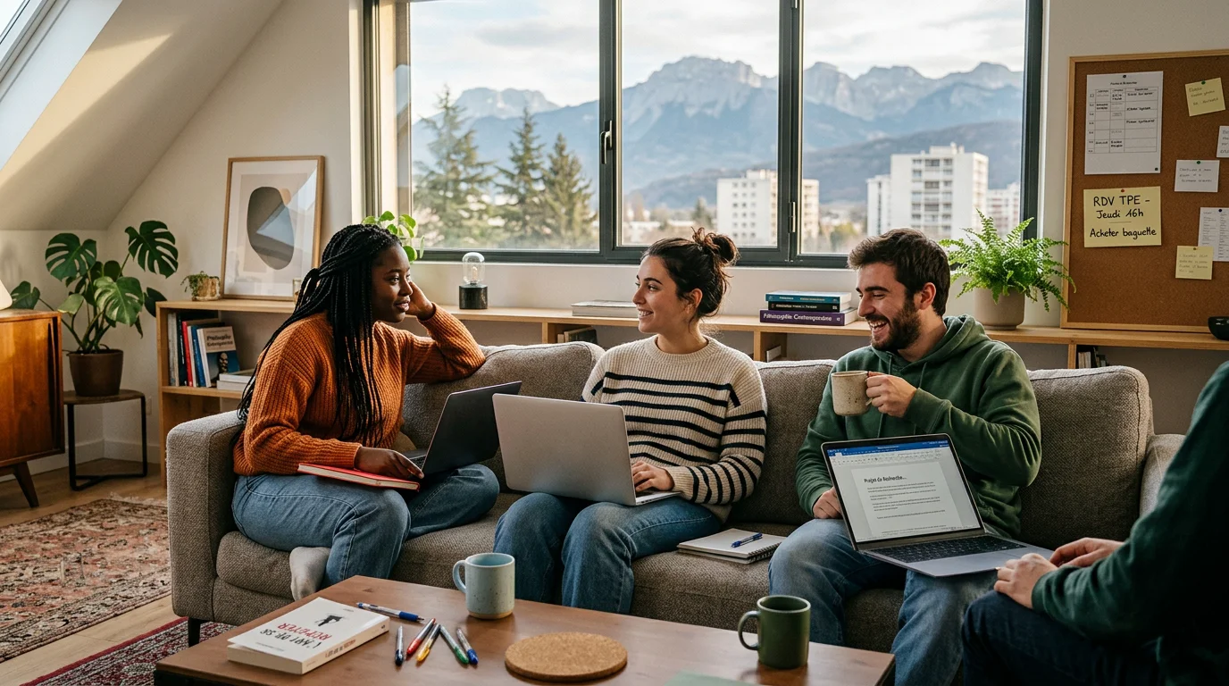 Étudiants partageant le salon lumineux d'une colocation à Grenoble