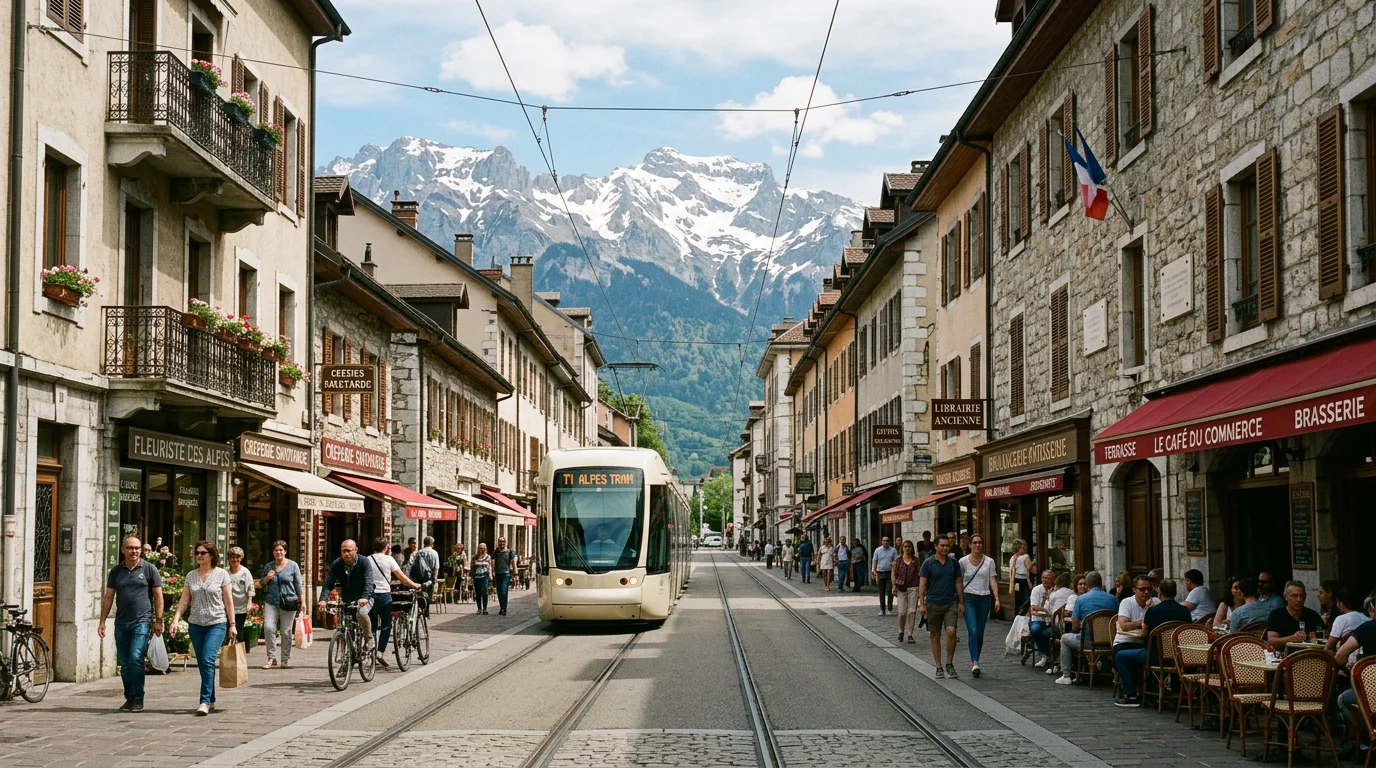 Rue animée d'un quartier grenoblois desservi par le tramway
