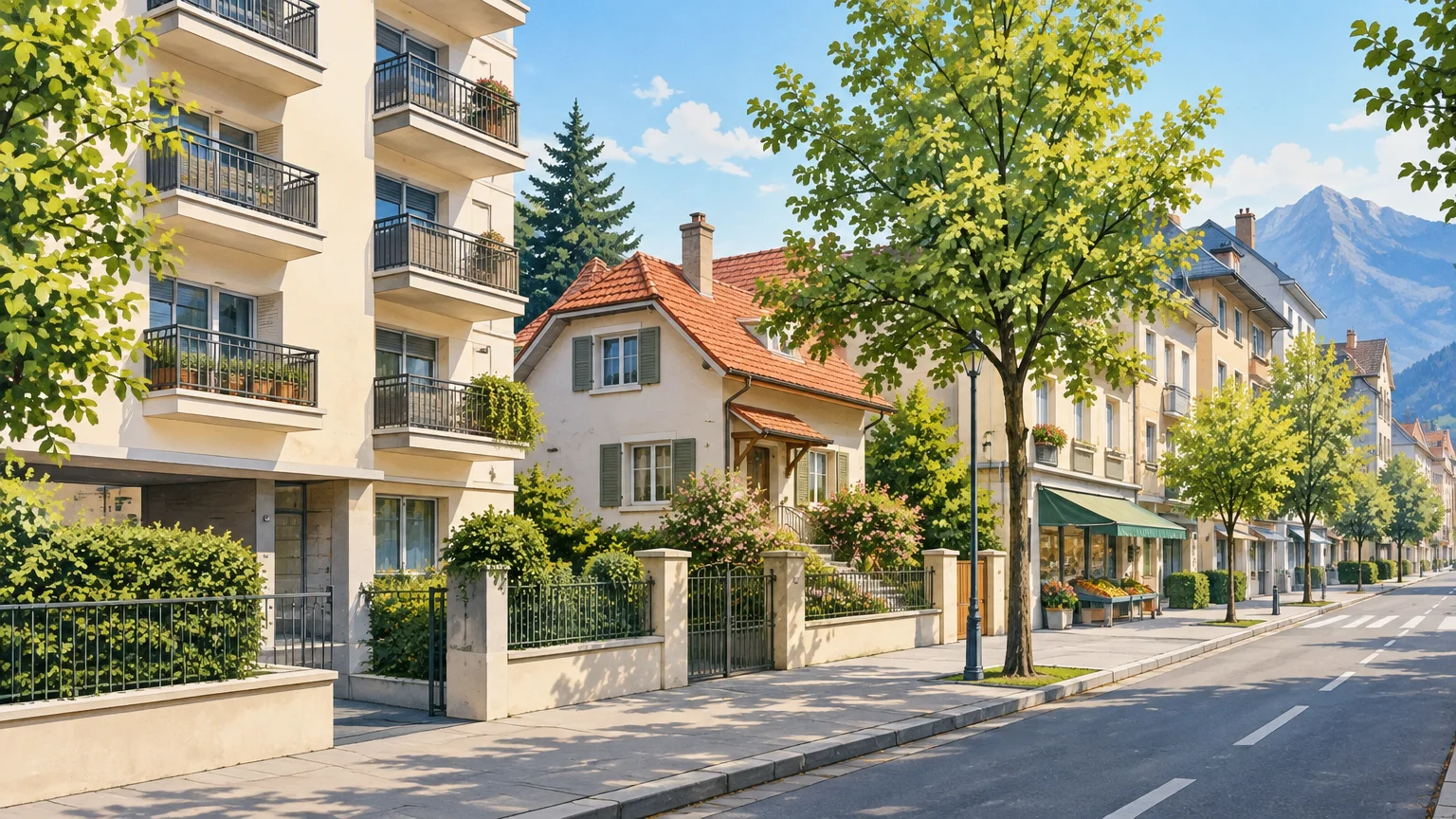 Rue résidentielle montrant différents types de logements et des services de proximité