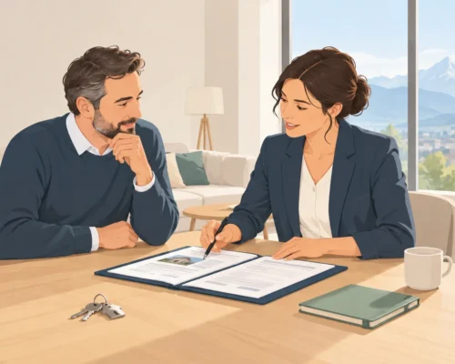 Un propriétaire compare des solutions de gestion locative dans un appartement lumineux à Chambéry