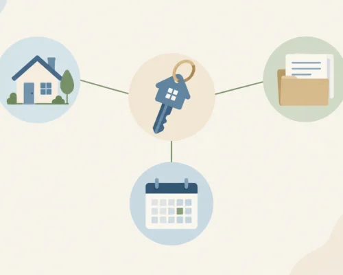Une clé relie les étapes d’un projet immobilier à un contact central