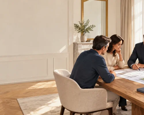 Un conseiller immobilier présente les plans d’une élégante propriété française à un couple, dans un intérieur lumineux.