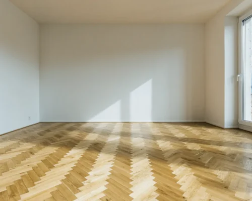 Sejour vide d un appartement renove, parquet chevrons et vue sur les Alpes