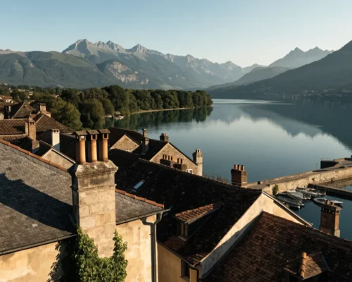 Toits de la vieille ville d Annecy au bord du lac, montagnes en fond
