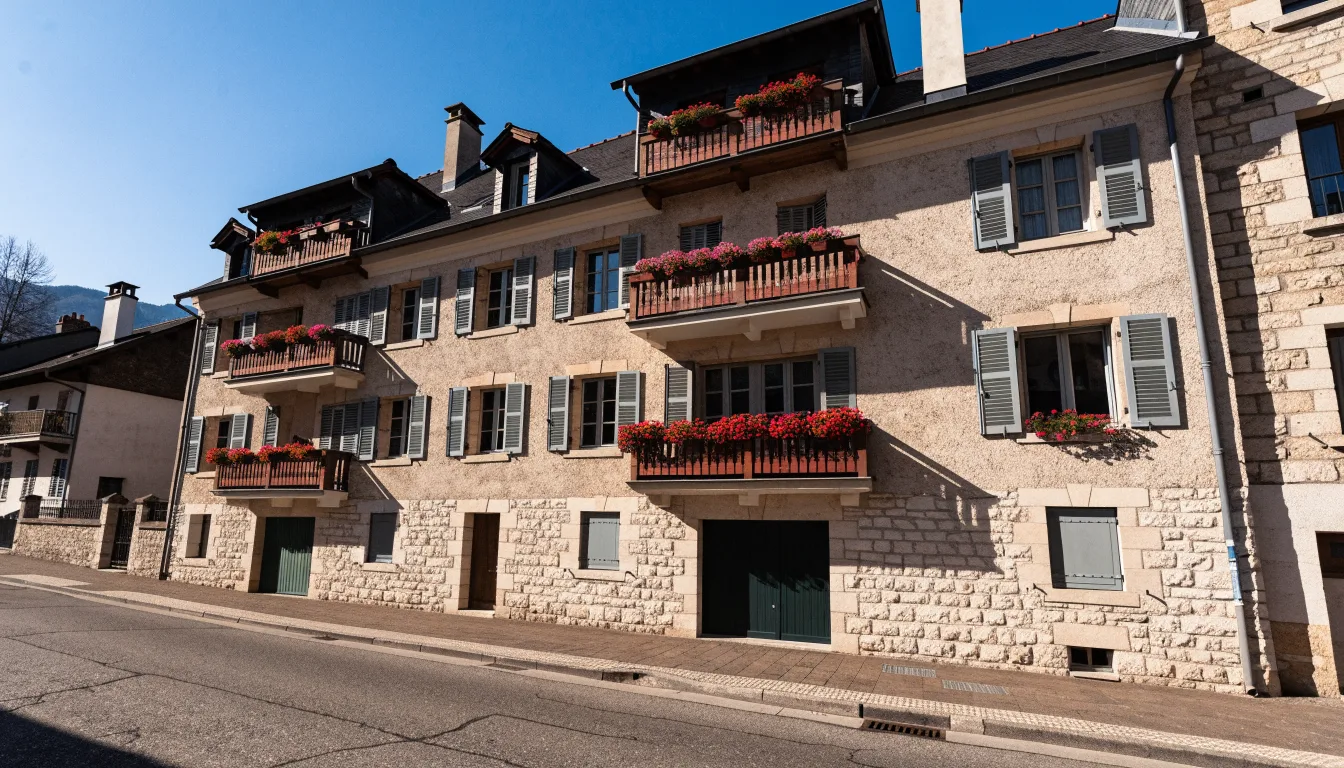 Facade d'un immeuble savoyard entretenu, balcons fleuris et volets ouverts