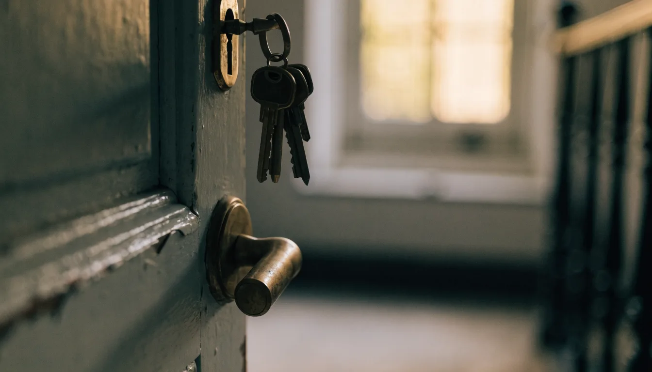 Trousseau de cles laisse sur la porte d'un appartement, remise des cles a la signature du bail