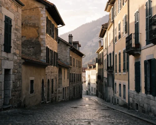 Rue de centre ancien en Savoie, facades de pierre et volets, montagne en arriere-plan
