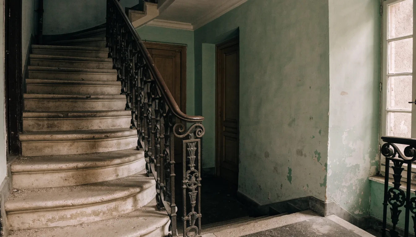 Cage d'escalier vide d'un immeuble ancien, silence apres un retard de loyer